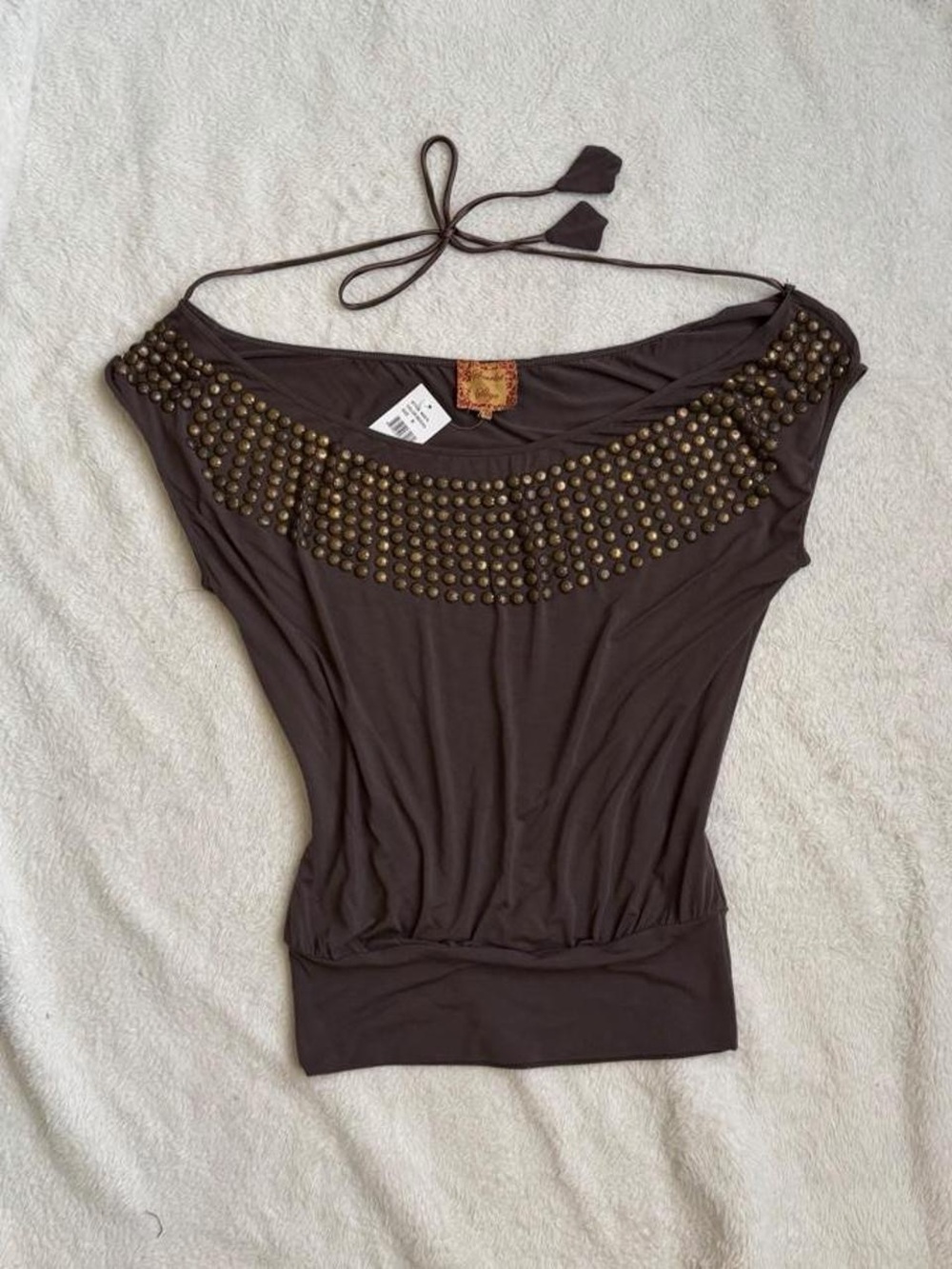 Early 2000s Scarlet Skye Stud-Embellished Brown Women's Off-Shoulder Top